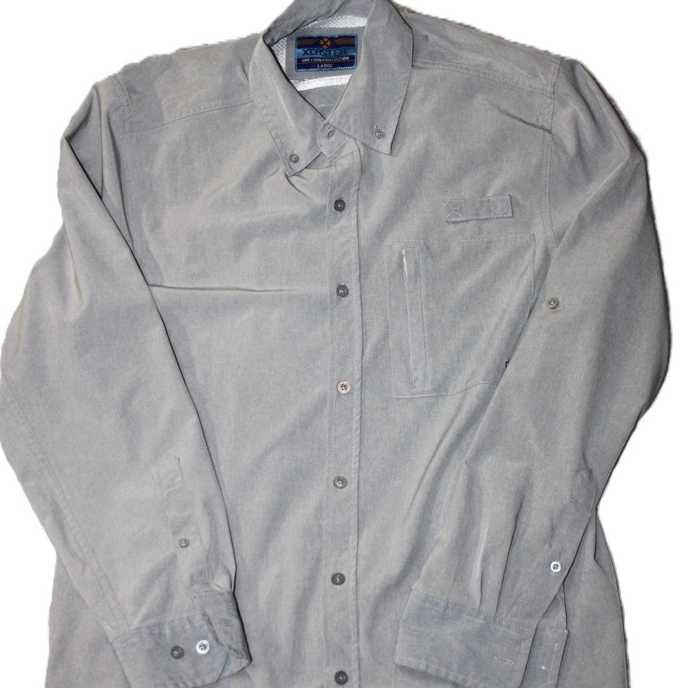 Xcester Shirt Mens L Gray Button Up Long Sleeve Pockets UPF Travel Breathable
